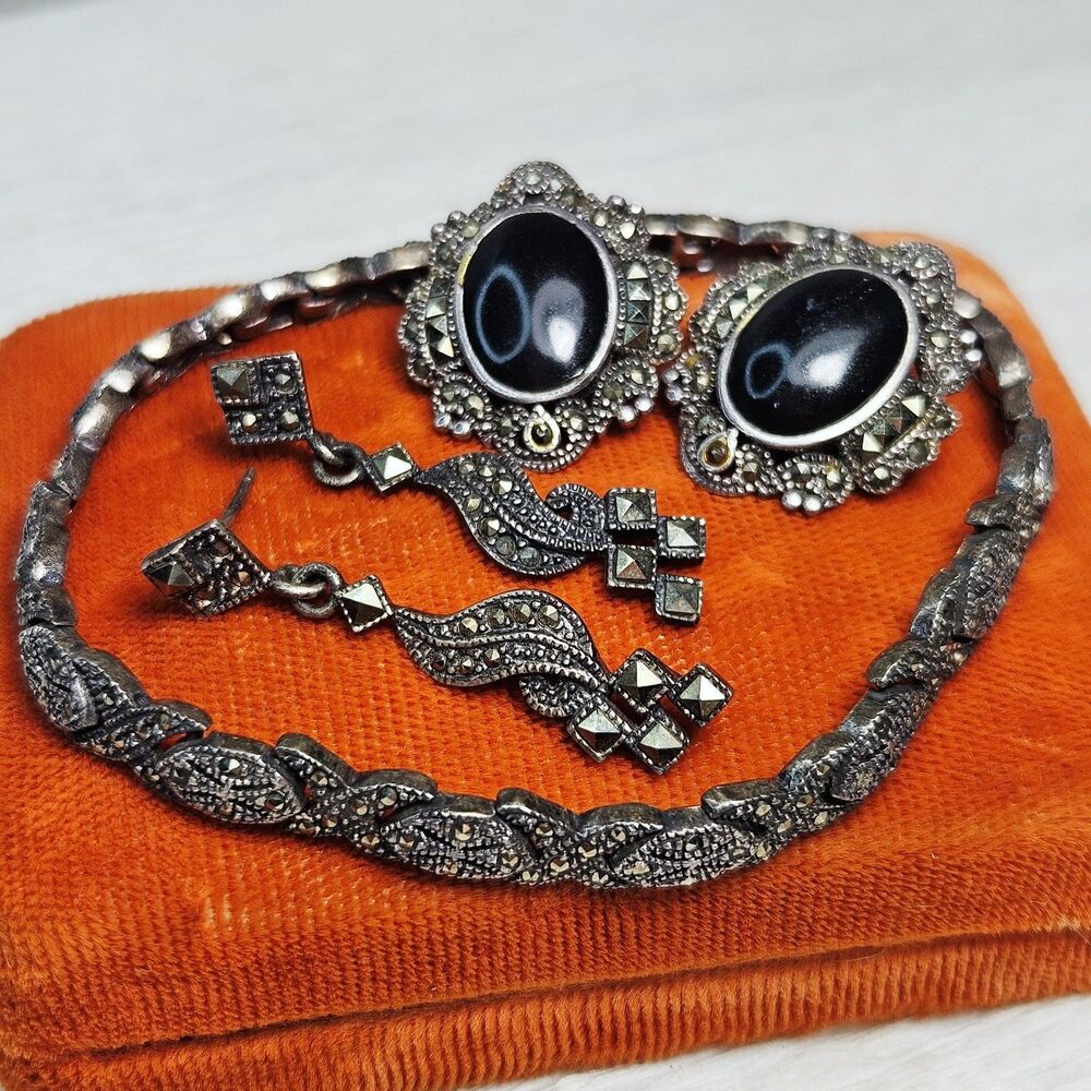 Sterling Silver Marcasite Link Bracelet 2 Pr Pierced Earrings 27.1gr